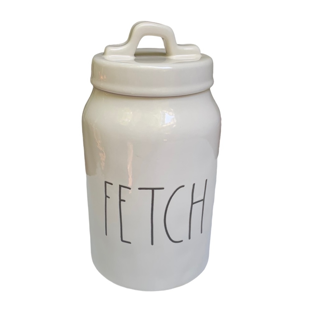Rae Dunn FETCH Canister Dog Treat Jar White Black Letters Dimples NWT 2017 OG - Picture 1 of 16